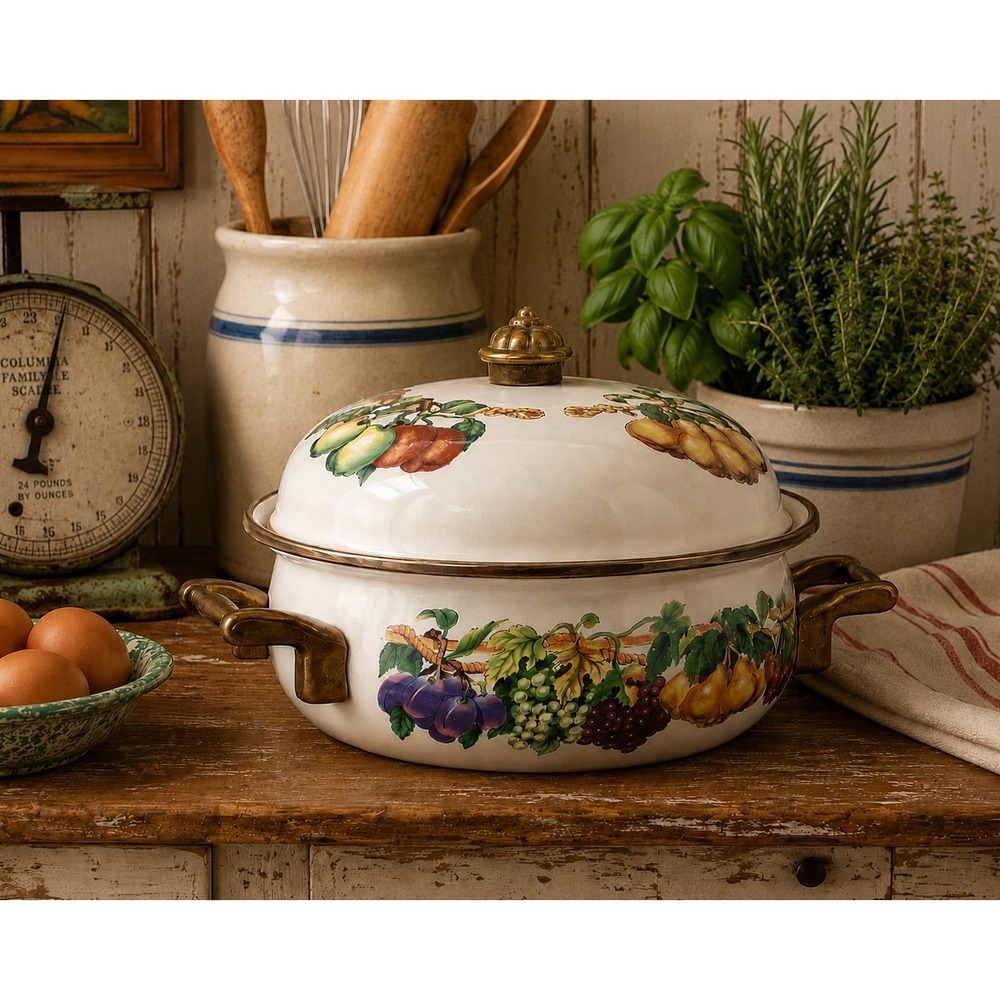 Vintage Tabletops Unlimited Vitroceramic Harvest Fruit Covered Casserole 8" Pot